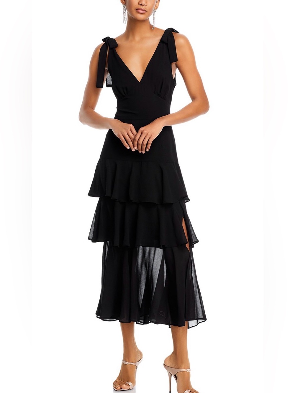 Wayf Black Tiered V-Neck Tie-Shoulder Midi Dress
